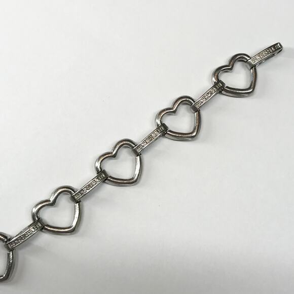 925 Sterling Silver Open Heart Charm and CZ Accented Bar Station Chain Bracelet - Picture 9 of 10